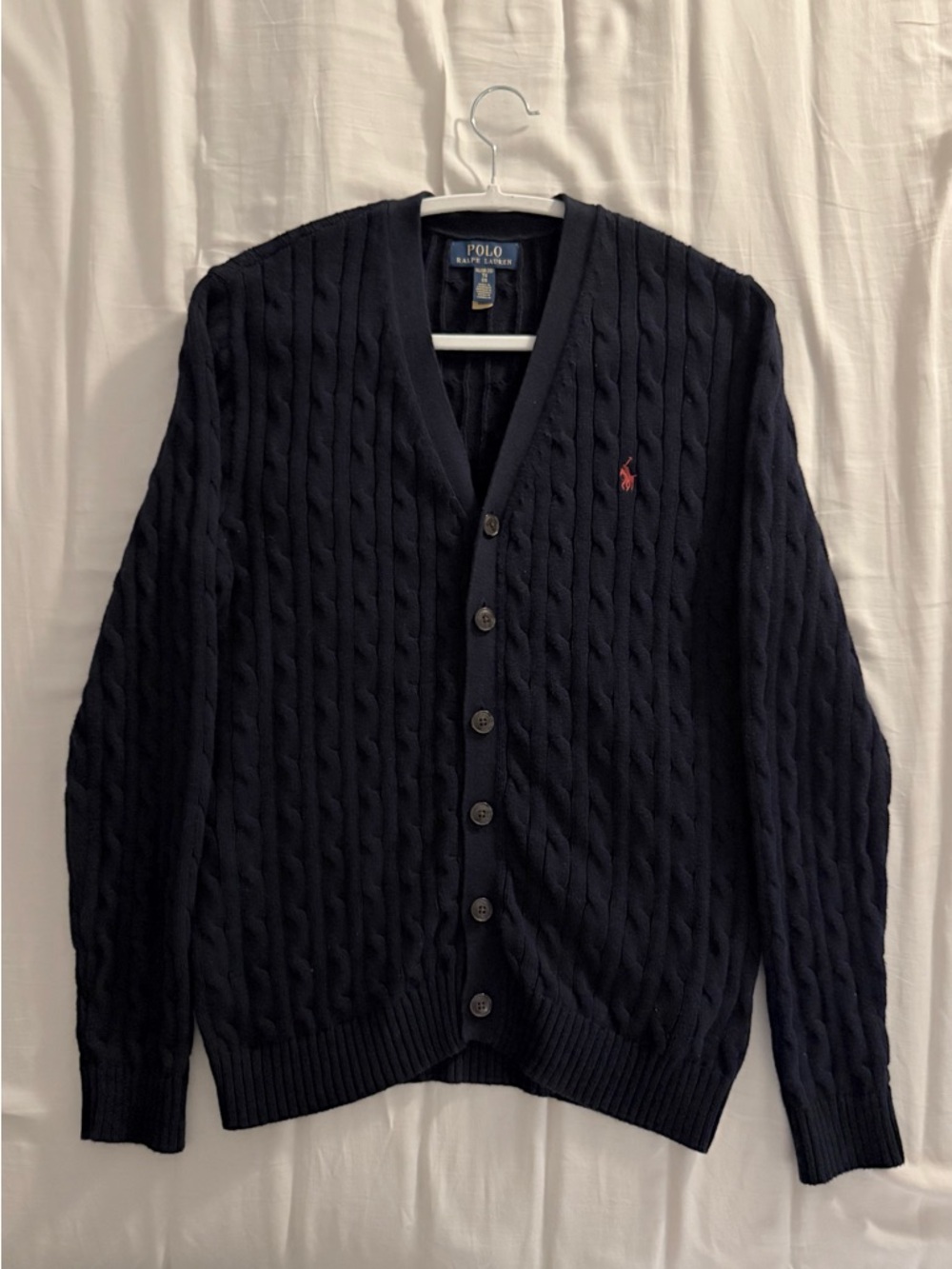 Polo by Ralph Lauren Navy Cable-Knit Cardigan with Red Pony